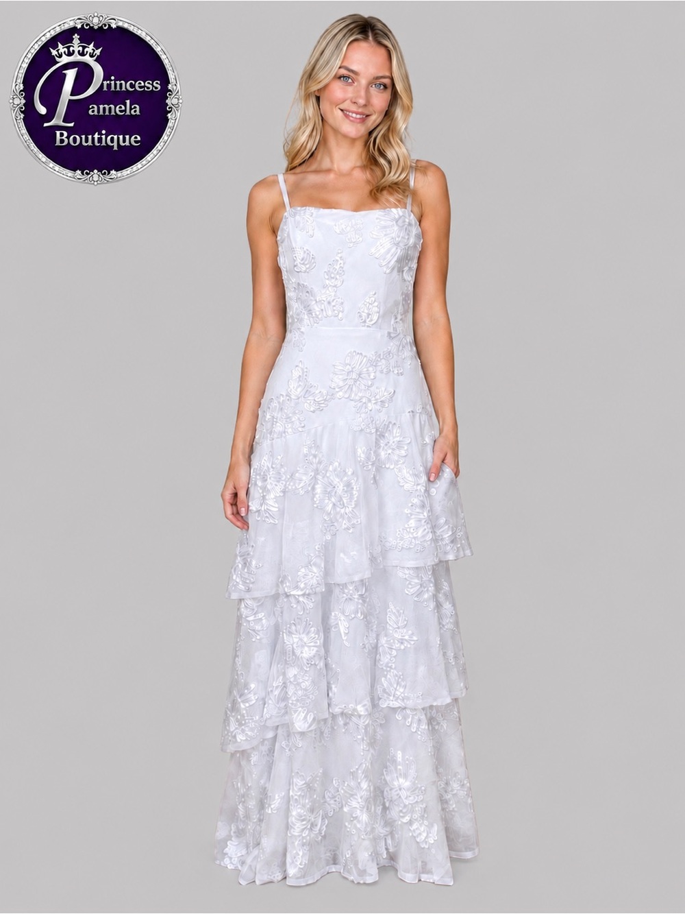 #23-14 White Chiffon dress sweetheart neckline and a tiered layered skirt-Size 6